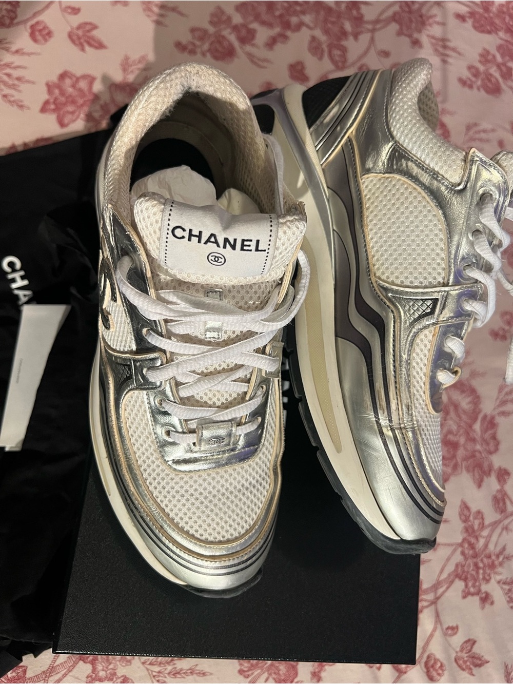 Chanel Silver Metallic Mesh Platform Sneakers - Women's - Picture 8 of 10